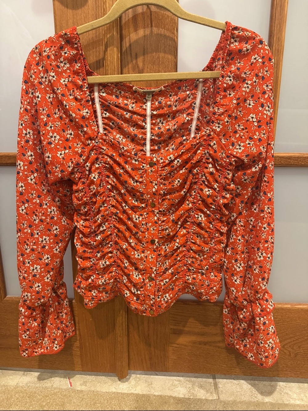 gimmicks by BKE Orange Floral Ruched Square-Neck Blouse​